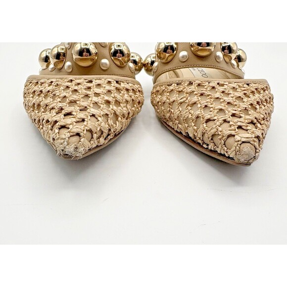Jimmy Choo Basette Flats Beige/Nude Raffia w/ Gold Metal Embellishments Sz EU 36 - Picture 5 of 9